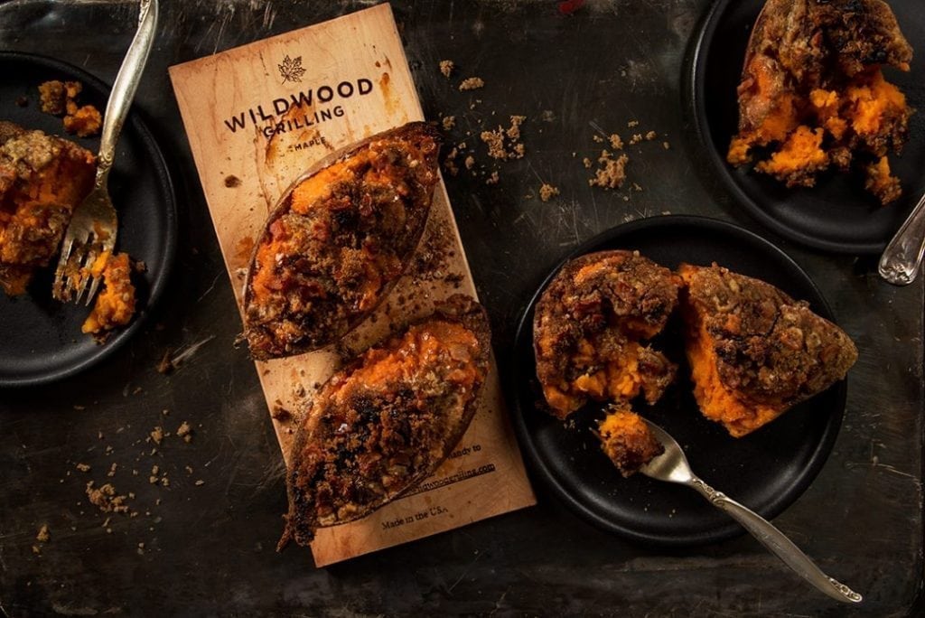 Baked Sweet Potato Boats on a Maple Plank