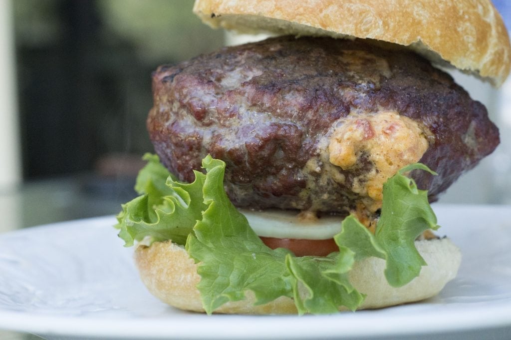 Pimento Cheese Stuffed Burger Smoked on Red Oak Plank