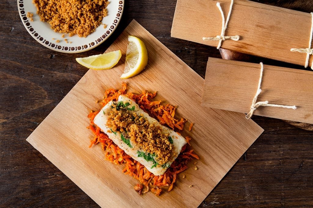 Alder Wrapped Cod with Carrots and Breadcrumbs