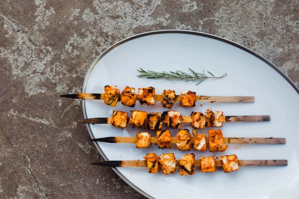 Spicy Sriracha Tofu on Cedar Skewers