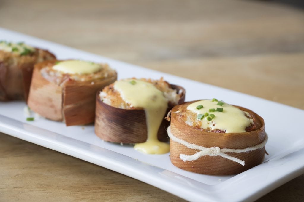 Cedar Wrapped Crab Cakes with Prosciutto and Smoked Aioli