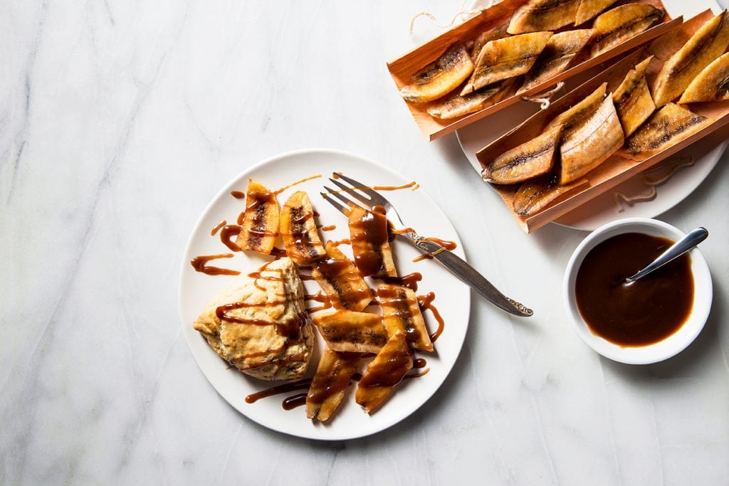 Cedar Wrapped Bananas Fosters with Rum Sauce and Biscuit