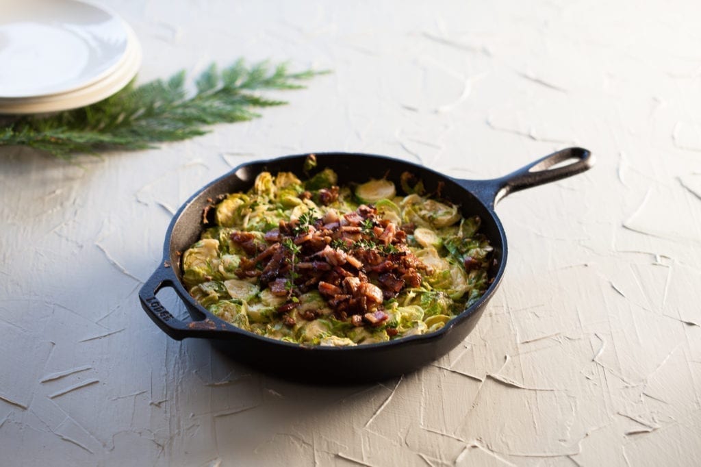 Brussel Sprout Gratin with Bacon and Smoked Dates