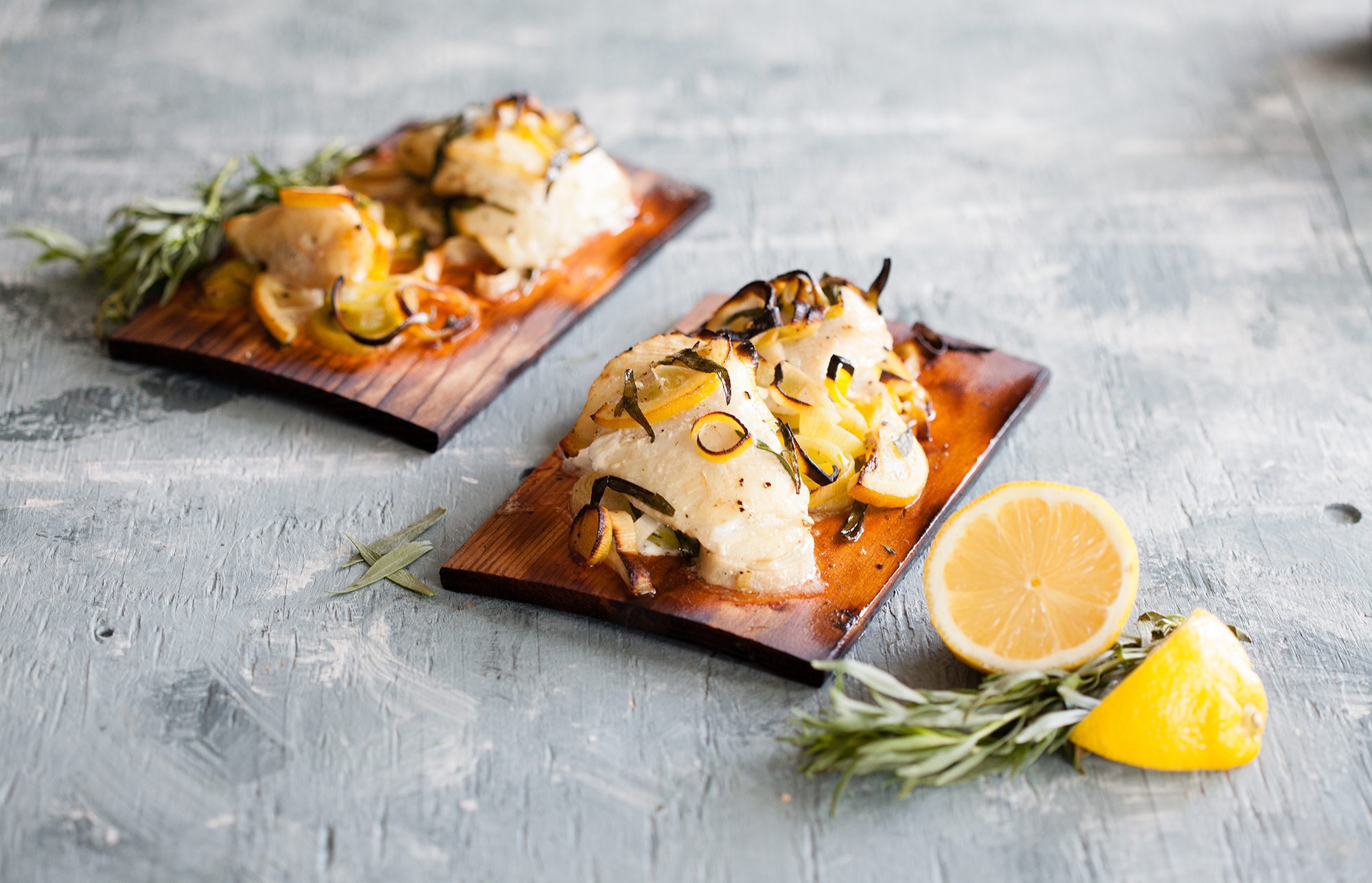Cedar Planked Halibut Cheeks with Leeks, Lemon and Tarragon